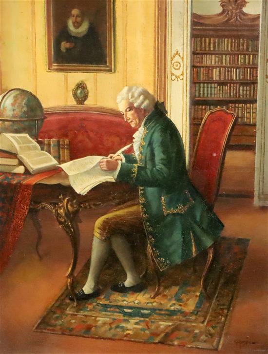 E. Ansen 18th century gentlemen at a writing table and studying a globe 37 x 29cm